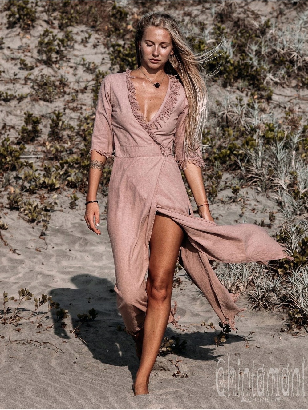Women's Blush Pink Maxi Wrap Dress with Frayed Trim